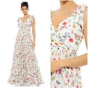 Mac Duggal Floral Garden Print Shoulder Tie Maxi Dress Size 6 55422 Butterflies